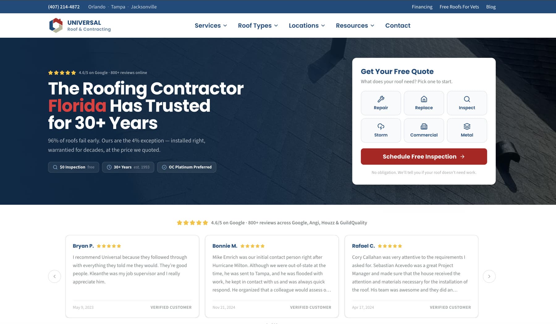 Universal Roof & Contracting website
