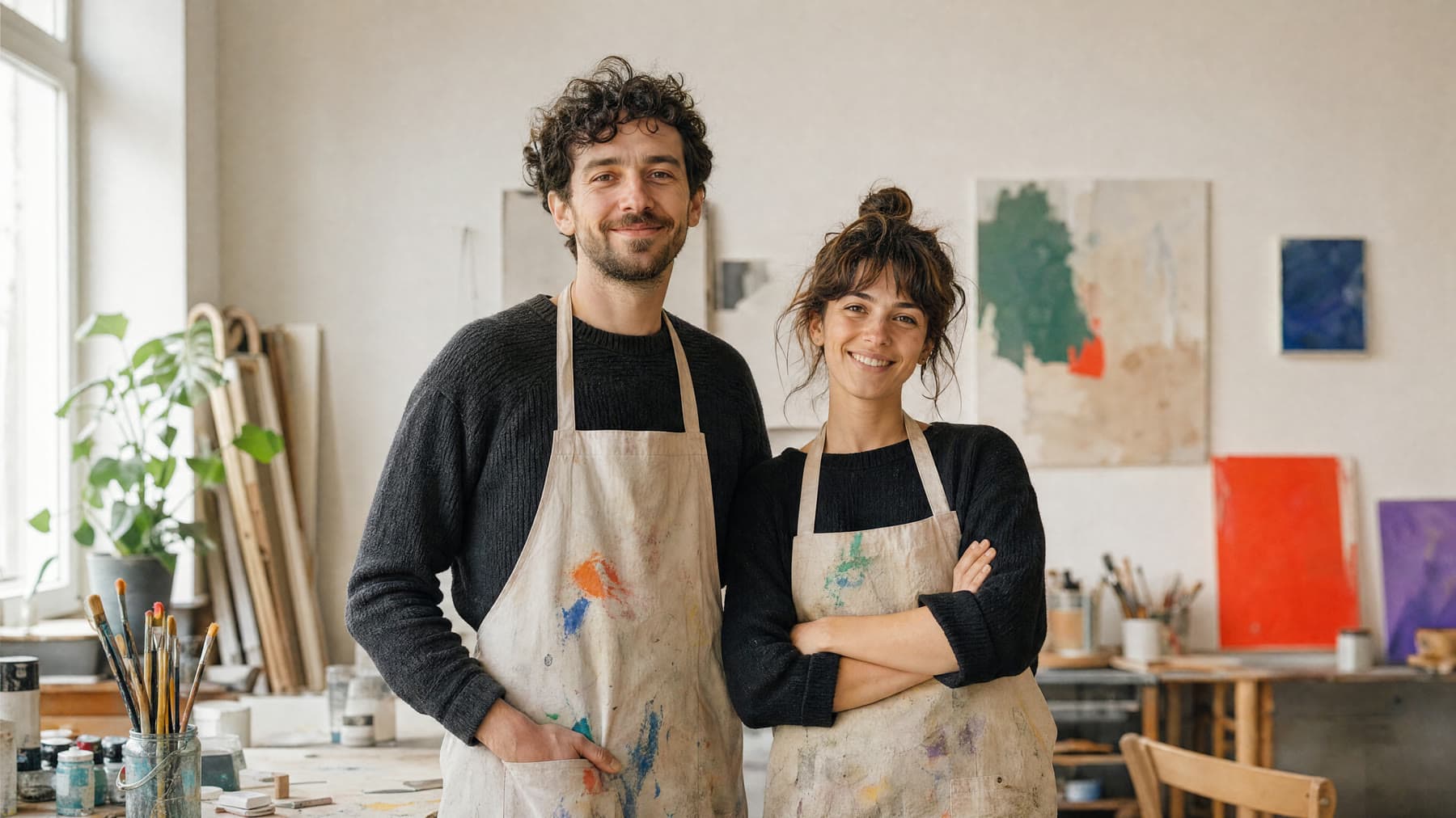 Two studio owners standing in their art studio